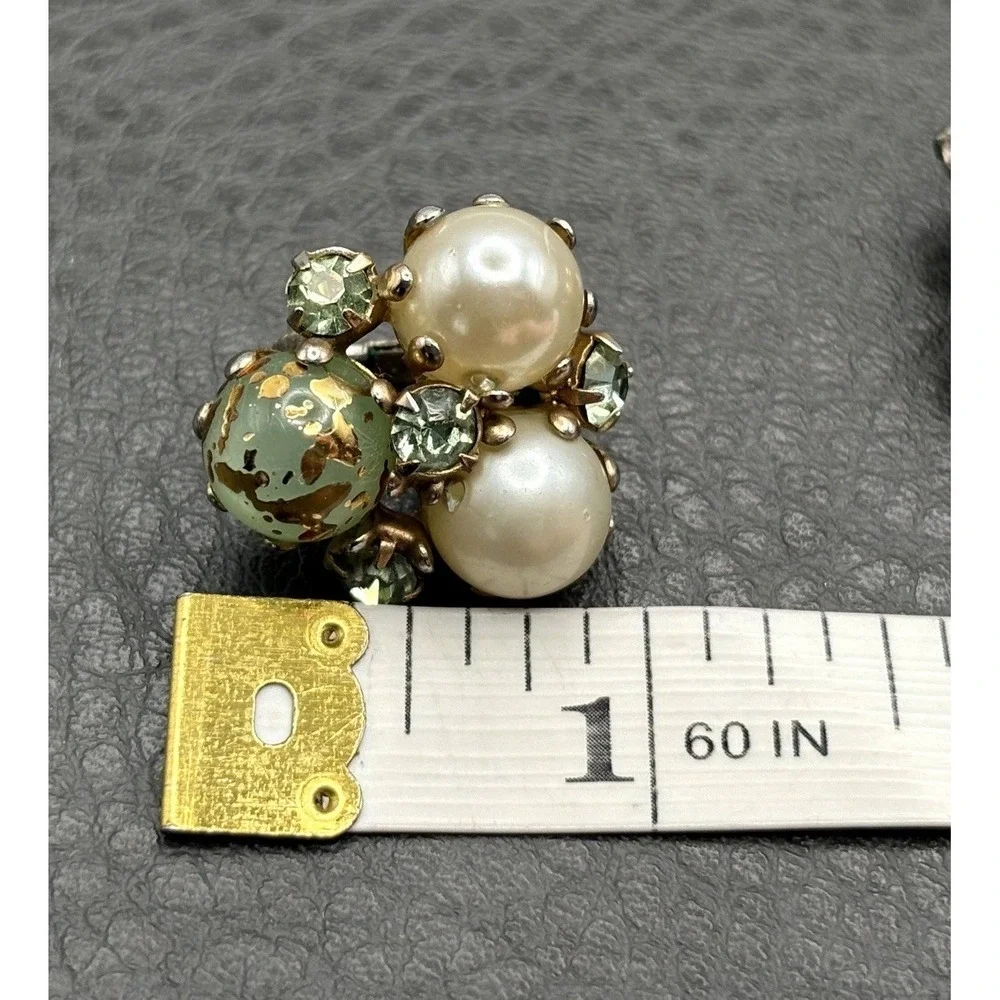 Vintage Faux Pearl Speckled Green Bead Rhinestone Cluster Clip On Earrings